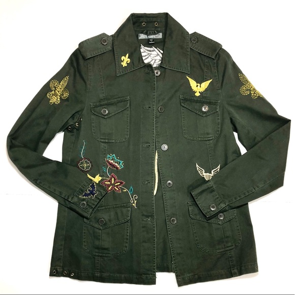 True Meaning Jackets & Blazers - {True Meaning}Olive Green Embroidered Field Jacket
